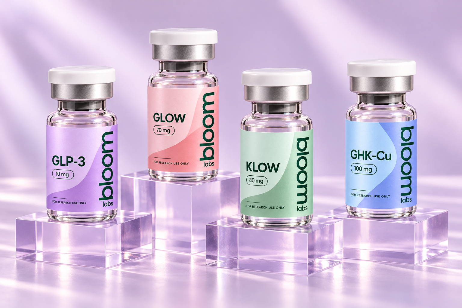 Bloom Labs packaging illustration: four research vials in a lavender and pink studio